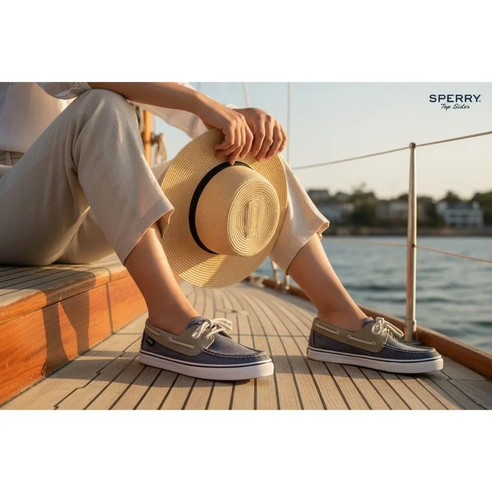 Sperry Women's Blue & Tan Canvas Boat Shoes Size 8M Casual Loafers Nautical Styl